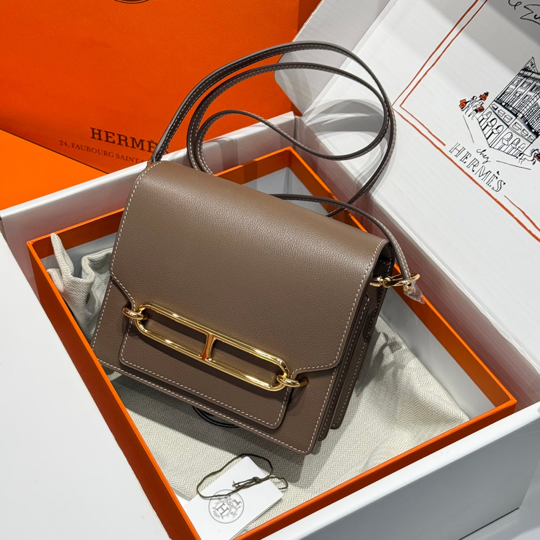 HM ROULIS 18 MINI BAG IN DARK BROWN CALFSKIN GOLD-TONE HARDWARE