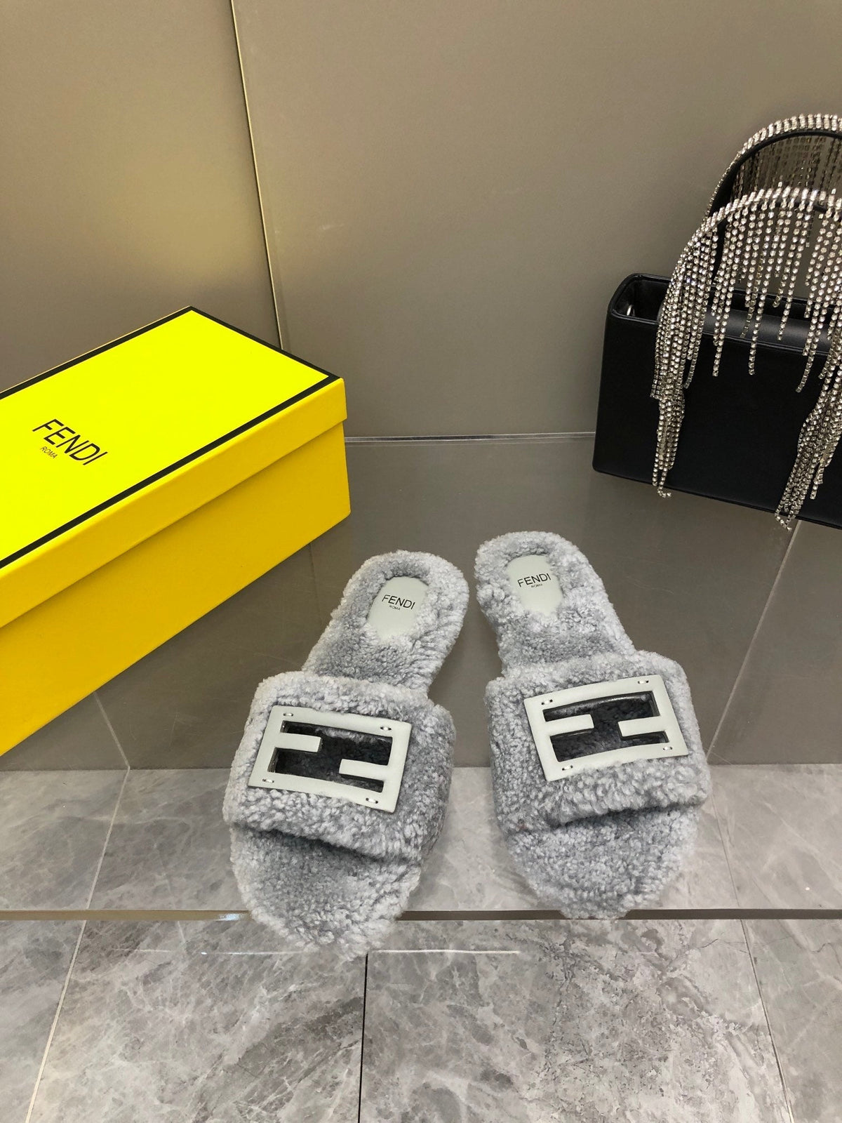 FENDI BAGUETTE SLIDE SLIPPERS IN GREY WOOL