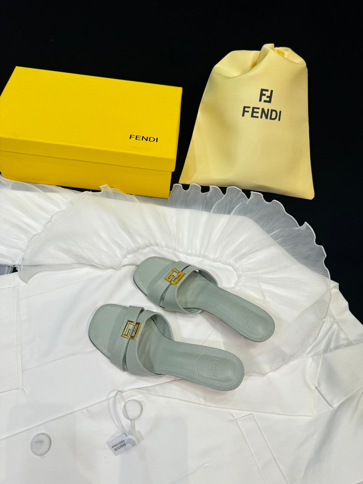 FENDI MEDIUM-HEELED 55 MM MULE IN ASH GREY LAMBSKIN WITH GOLD HARDWARE
