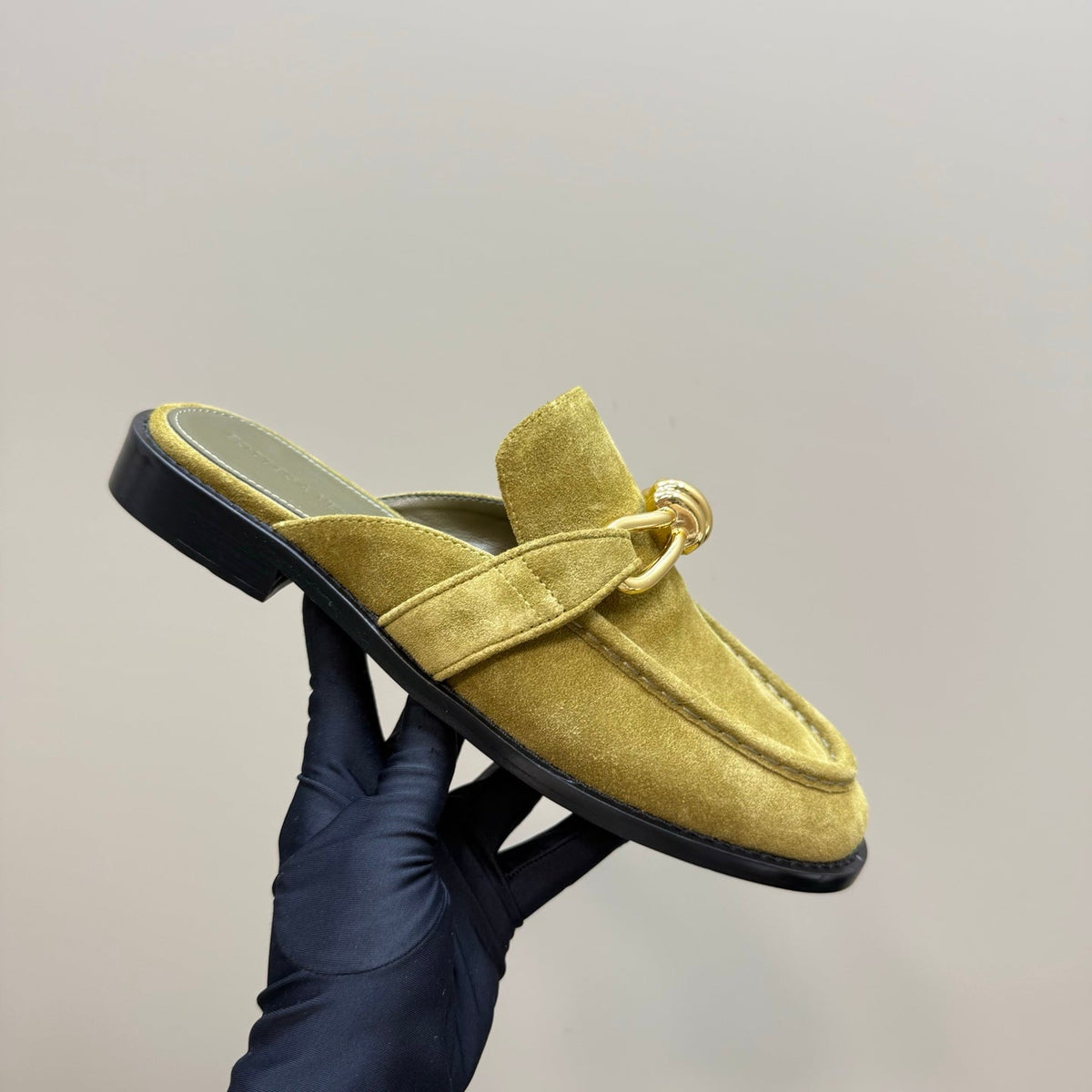ASTAIRE MULE IN OLIVE GREEN SUEDE WITH GOLD HARDWARE