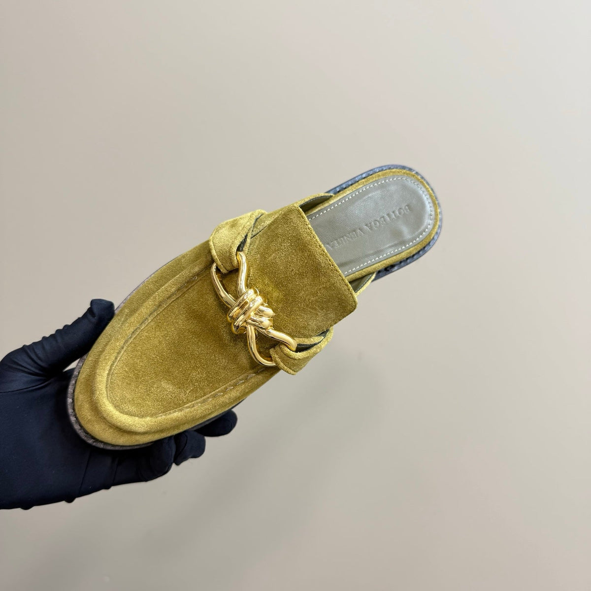 ASTAIRE MULE IN OLIVE GREEN SUEDE WITH GOLD HARDWARE