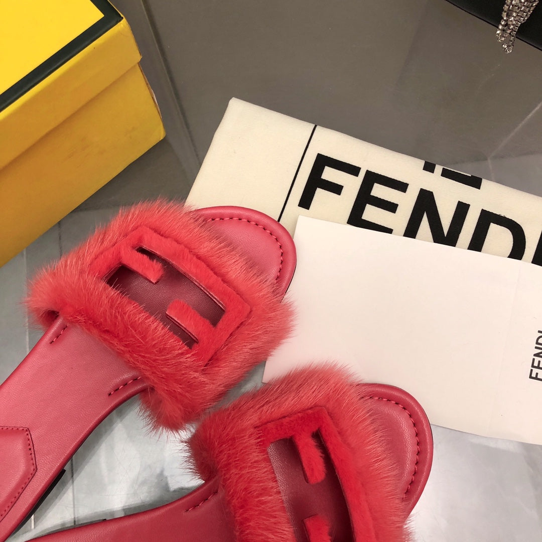 FENDI BAGUETTE MINK SLIDE SLIPPER IN CANDY RED FUR