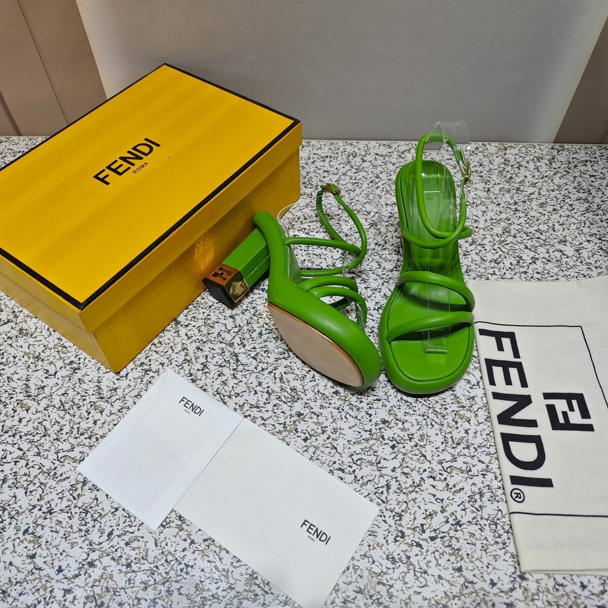 FENDI CHUNKY HIGH-HEELED SANDAL IN SHAMROCK GREEN CALFKIN WITH GOLD HARDWARE