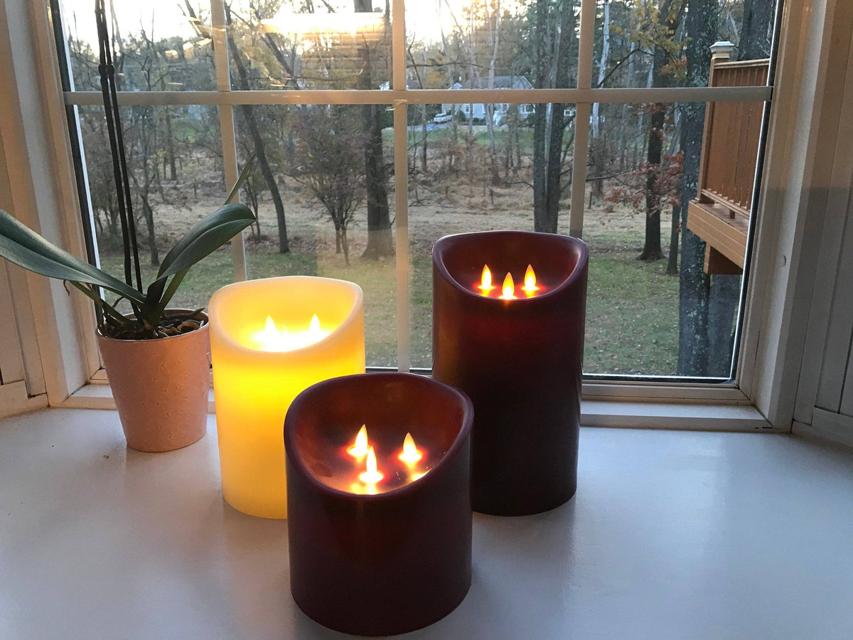 10” BROWN/MUSTARD- LED Candles with 3 Flickering Wicks / Large