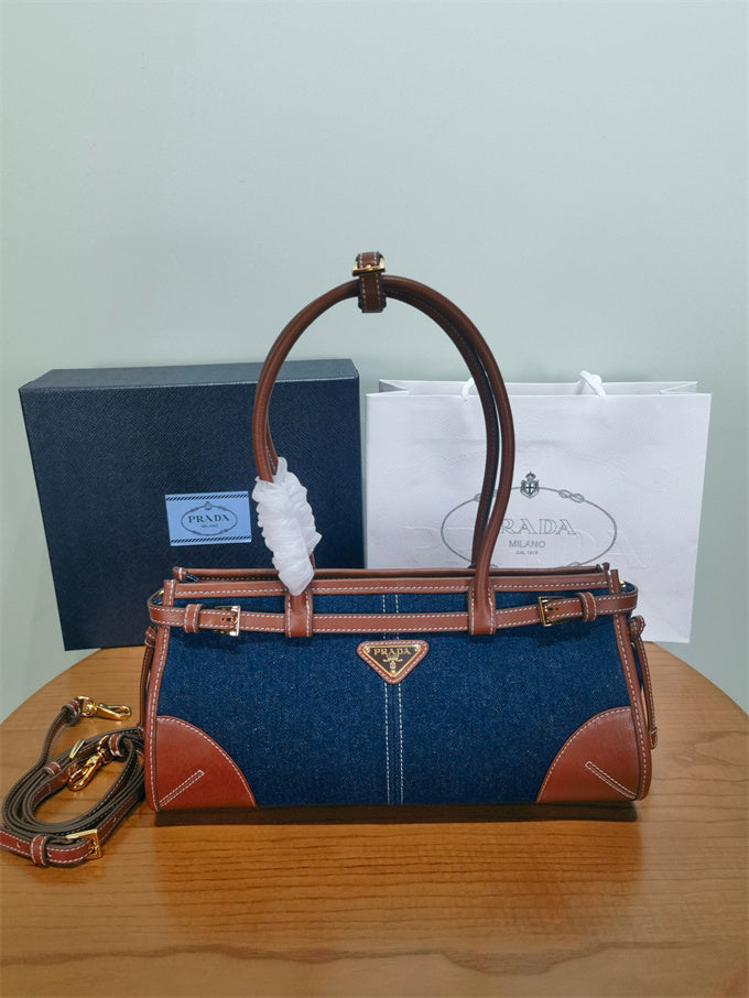 Prada bonnie medium denim and leather handbag Denim blue