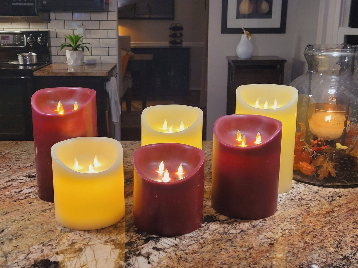 10” BROWN/MUSTARD- LED Candles with 3 Flickering Wicks / Large