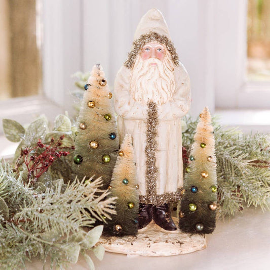 10" WHITE BELSNICKLE WITH SILVER TINSEL & TREES