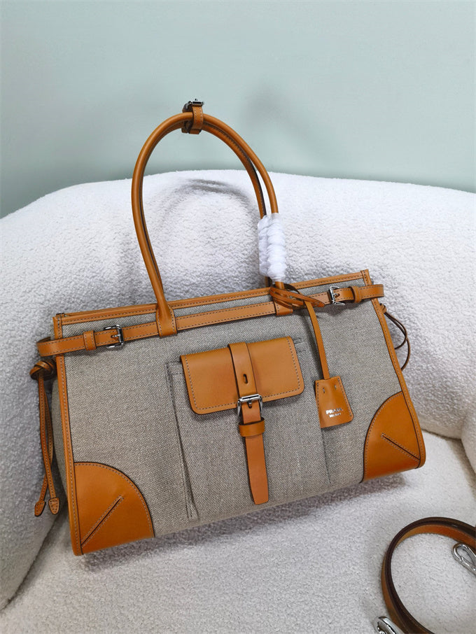 Prada bonnie linen and leather tote bag