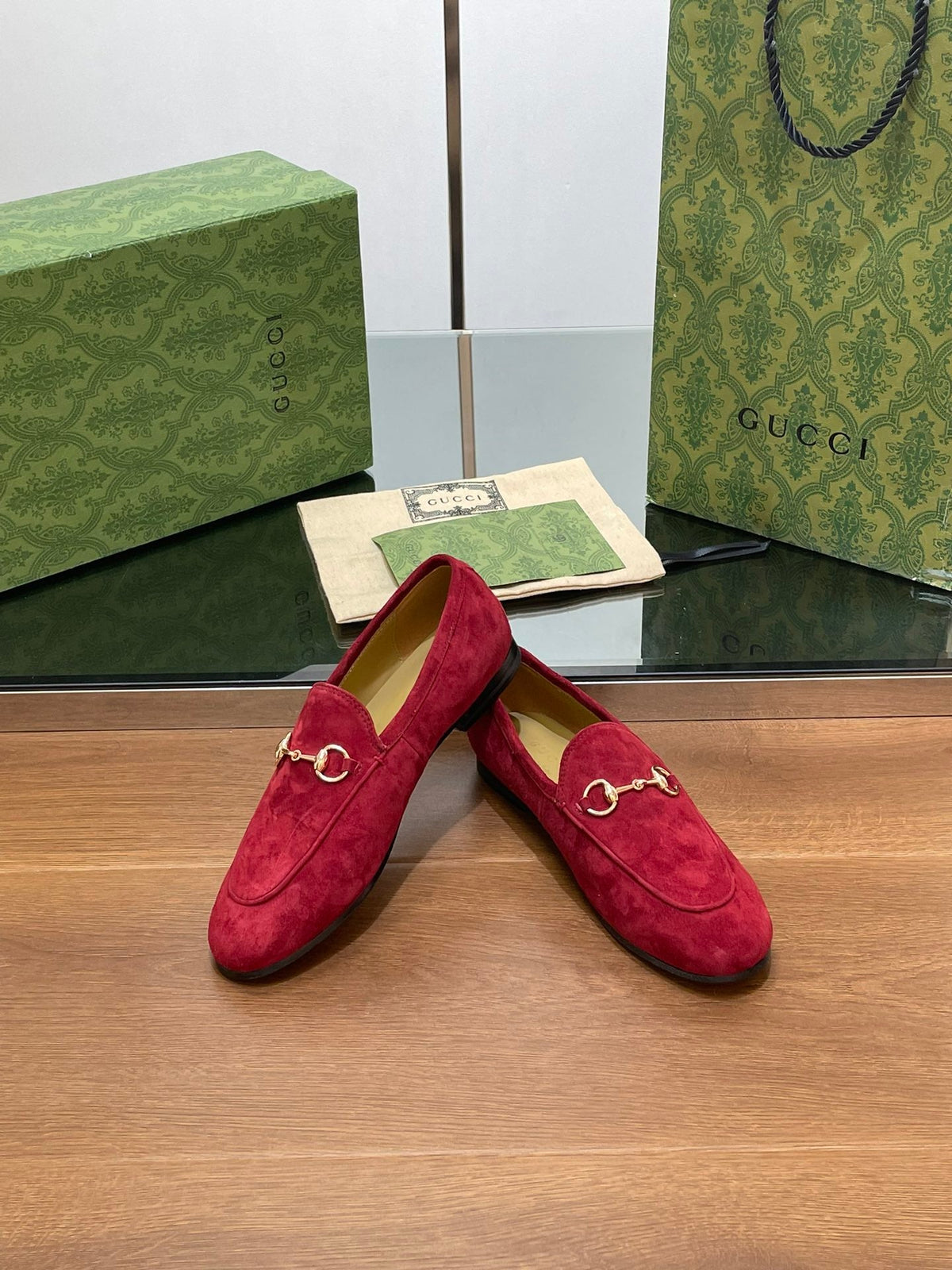 HORSEBIT LOAFER IN CHERRY RED SUEDE WITH GOLD HARDWARE