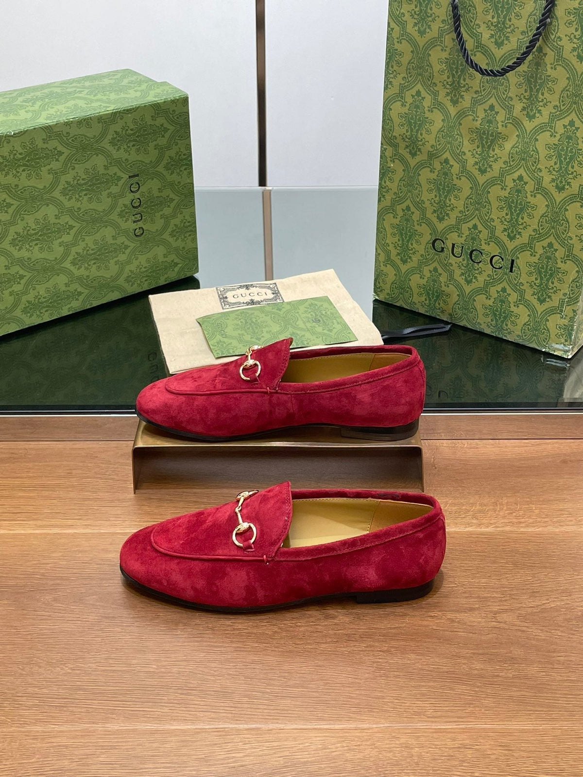 HORSEBIT LOAFER IN CHERRY RED SUEDE WITH GOLD HARDWARE