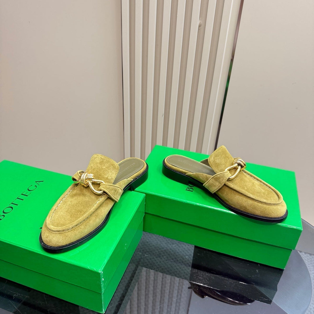 ASTAIRE MULE IN OLIVE GREEN SUEDE WITH GOLD HARDWARE