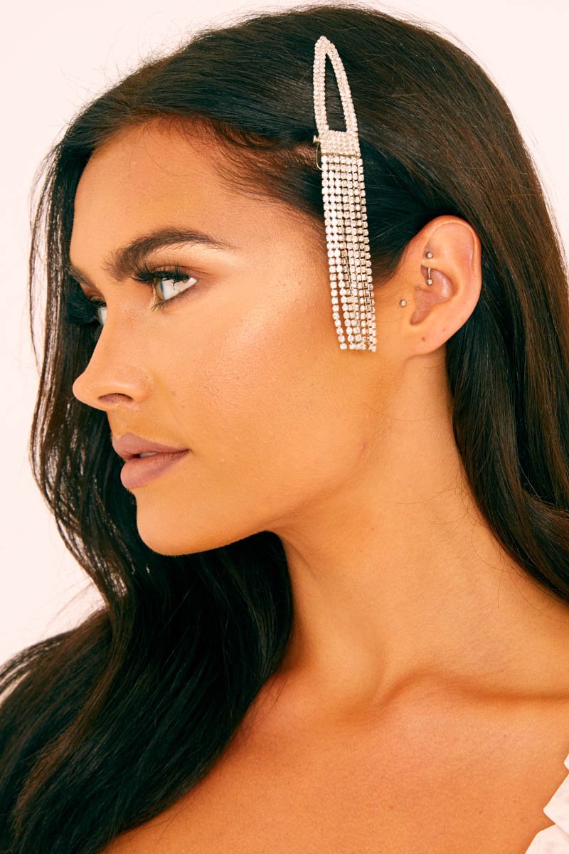 Silver Diamante Tassel Hair Slide - Atley
