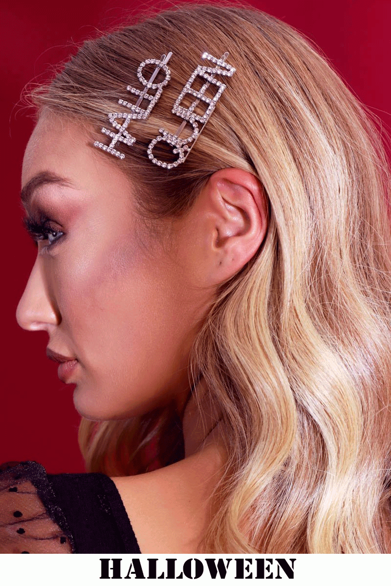 Silver Diamante Hallo Queen Slogan Hair Clips - Tylia